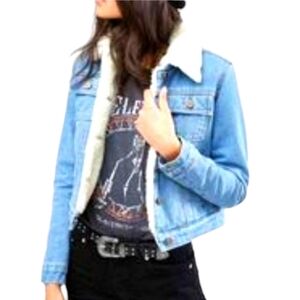 ASOS DESIGN Midwash Blue Denim Jacket Borg Collar Faux Shearling Trucker Coat 6